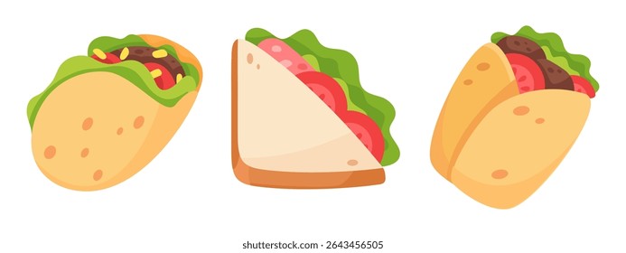 Vibrant illustrations of tacos and sandwiches featuring fresh ingredients like lettuce, tomatoes, and meat.