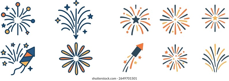Vibrant illustrations of various fireworks bursting in different shapes and colors, perfect for celebrating occasions like New Year's Eve or national holidays. Ideal for party invitations.
