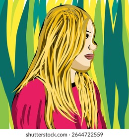 A vibrant, illustrative portrait depicts a woman with long, flowing blonde hair, looking to the side against a background of dynamic green and yellow shapes, suggesting a natural or abstract setting.

