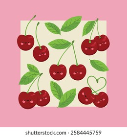 A vibrant image of cherries adorned with hearts and leaves, set against a soft pink background, radiating sweetness and charm