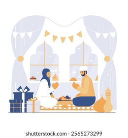 Vibrant image depicting a joyous Muslim family celebrating Eid with a delicious feast. Ideal for websites, blogs, articles, and social media posts related to Eid al-Fitr, Eid al-Adha,