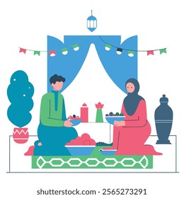 A vibrant image depicting a Muslim family joyfully celebrating Eid with a delicious feast. Ideal for websites, blogs, articles, and social media related to Eid al-Fitr, Eid 