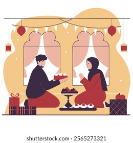 Vibrant image depicting a Muslim family enjoying a joyous Eid feast. Ideal for illustrating articles, websites, or publications related to Eid al-Fitr, Islamic culture, family traditions