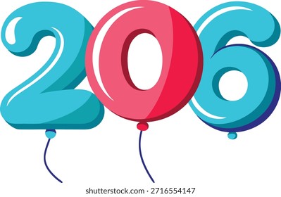 A vibrant image featuring the number 206 creatively designed with colorful balloons. The number 2 is depicted in a turquoise blue color, while the number 0 is in a bright pink hue, and the number 6 is again in turquoise blue. The balloons add a festive and joyful touch, making it a perfect representation of a future celebration or milestone.