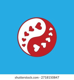 A vibrant image featuring a yin yang symbol with hearts scattered around it, set against a blue background. The yin yang symbol is split into red and white halves, representing balance and harmony.