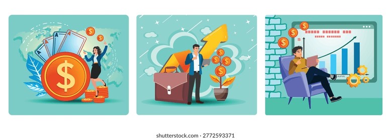 A vibrant image of global wealth and finance featuring large dollar coins. A businessman stands beside a briefcase, using a laptop as a golden growth arrow. Relaxed Investor sits in a comfy chair.
