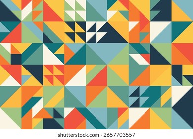 Das lebendige Bild zeigt ein kompliziertes abstraktes Muster, das aus einem dreieckigen geometrischen Element besteht. Die Farbmischung mit verschiedenen Orange-, Gelb- und Blautönen. Vektorgrafik.