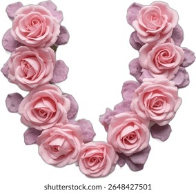 A vibrant image showcases a letter "U" artistically crafted from a delightful arrangement of pink roses and delicate purple petals, creating a visually appealing and romantic design.