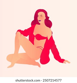 A vibrant image of a woman basking in the sun, exuding a sense of tranquility and confidence. She wears a stylish red bikini and a loosely open jacket, her flowing red hair framing her radiant face.