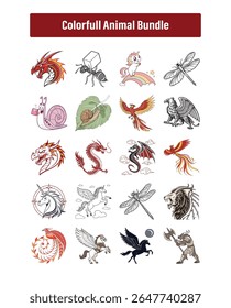 Um pacote vibrante e imaginativo de vetores animais coloridos, apresentando uma mistura única de criaturas míticas e insetos da vida real. Esta coleção inclui dragões, unicórnios, pegasus, foenixes etc.
