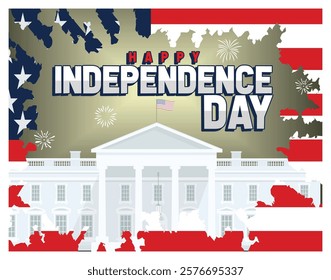 Vibrant Independence Day  featuring patriotic symbols, an American flag, and fireworks enhancing a festive atmosphere. Ideal for Fourth of July celebrations. Flat vector modern illustration 