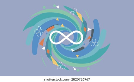 Vibrant infinity symbol centered within a spinning blue and teal spiral galaxy with cosmic geometric elements.