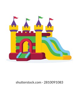 Vibrant inflatable bounce house with slides and turrets for children's parties and outdoor events