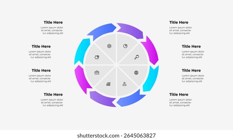 Um infográfico vibrante com um design circular dividido em 8 partes, acompanhado por setas coloridas e símbolos relevantes, perfeito para apresentações de negócios, estratégia ou planejamento