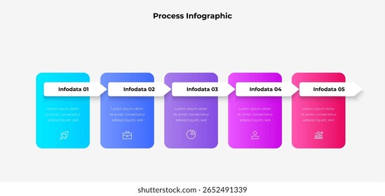 A vibrant infographic depicting a five step process with labeled sections and icons, useful for business and education presentations