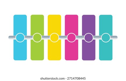 Un elemento de infografía vibrante que muestra seis bloques rectangulares de Vertical distintos en colores brillantes (cian, verde lima, amarillo, magenta, púrpura, verde azulado) alineados horizontalmente. Una varilla Horizontal gris pasa el
