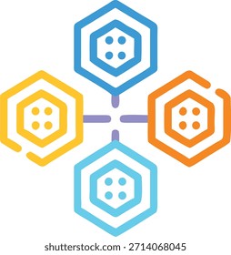 A vibrant infographic featuring four interconnected hexagons in blue, orange, yellow, and teal, symbolizing unity and diversity, set against a clean white background.