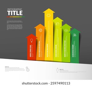 A vibrant infographic featuring multicolored upward arrows representing growth metrics. Each arrow includes icons and text detailing categorized data in an appealing design.