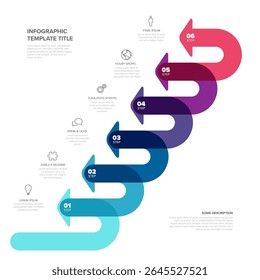 A vibrant infographic featuring a step-by-step design with arrows in gradient colors. Each step is labeled numerically from 1 to 6, paired with text placeholders for customization.