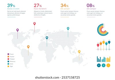 Vibrant infographic featuring a world map with location markers, pie and bar charts, and statistical data. Perfect for business presentations, data analysis, and global information representation.