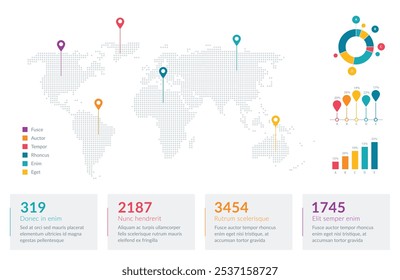 Vibrant infographic featuring a world map with location markers, pie and bar charts, and statistical data. Perfect for business presentations, data analysis, and global information representation.