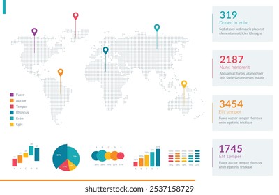 Vibrant infographic featuring a world map with location markers, pie and bar charts, and statistical data. Perfect for business presentations, data analysis, and global information representation.