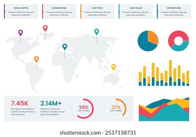 Vibrant infographic featuring a world map with location markers, pie and bar charts, and statistical data. Perfect for business presentations, data analysis, and global information representation.