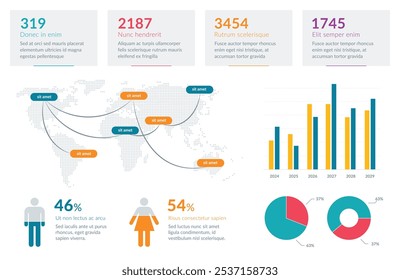 Vibrant infographic featuring a world map with location markers, pie and bar charts, and statistical data. Perfect for business presentations, data analysis, and global information representation.