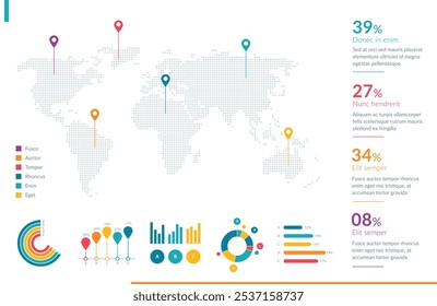 Vibrant infographic featuring a world map with location markers, pie and bar charts, and statistical data. Perfect for business presentations, data analysis, and global information representation.