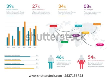Vibrant infographic featuring a world map with location markers, pie and bar charts, and statistical data. Perfect for business presentations, data analysis, and global information representation.