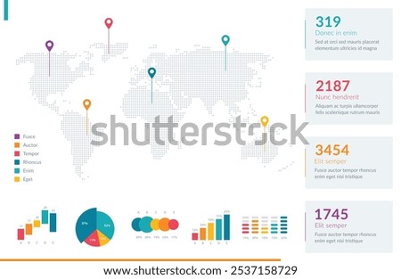 Vibrant infographic featuring a world map with location markers, pie and bar charts, and statistical data. Perfect for business presentations, data analysis, and global information representation.
