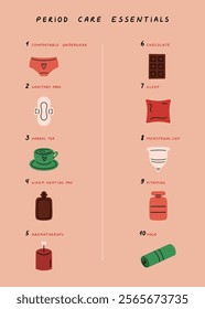 A vibrant infographic highlighting practical tips for menstrual comfort: yoga, aromatherapy, sleep, chocolate, herbal tea, heating pad, pads, menstrual cup, vitamins, and comfy underwear.