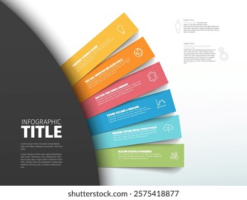 A vibrant infographic with six colored segments displaying text headers and icons on color stripes. Each segment has a unique color and icon, enhancing visual engagement and information clarity.