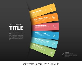 A vibrant infographic with six colored segments displaying text headers and icons on color stripes. Each segment has a unique color and icon, enhancing visual engagement and information clarity.