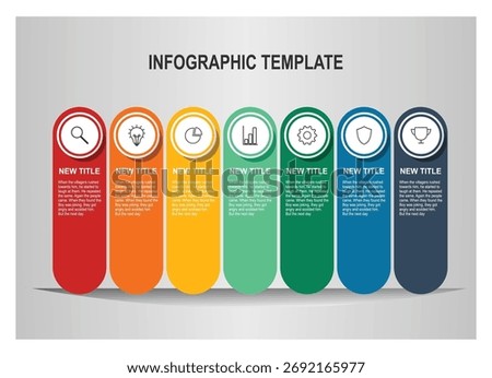 Vibrant Infographic Template. Bright infographic template featuring seven vertical, rounded panels in red, orange, yellow, green, teal, blue, and navy. 
