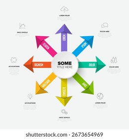Una vibrante Plantilla de infografía con un círculo central y ocho coloridas flechas apuntando hacia afuera. Esta versátil infografía es perfecta para presentar diversas opciones o direcciones.
