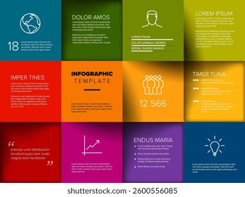 A vibrant infographic template with colorful blocks showcasing graphs, icons, and text. Each block displays different information, combining visuals and text elements creatively.