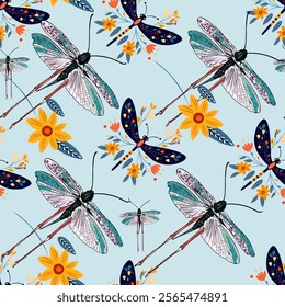 Vibrant Insect and Flower Design with Blue Background. Locust top view. Colorful Dragonflies with Yellow Floral Motif