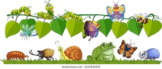 Vibrant insects and animals on green leaves