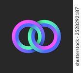 Vibrant interlocking two rings with neon gradient effect creating a circular pattern logo design, harmony and connection in a futuristic, smooth flowing transitions and glowing bright colors.