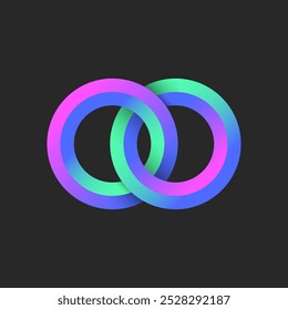 Vibrante entrelaçamento de dois anéis com efeito gradiente de néon criando um design de logotipo de padrão circular, harmonia e conexão em um futurista, suave fluxo de transições e brilhante cores.