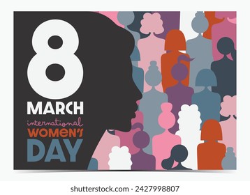 Vibrant International Women's Day, March 8 cover, poster, greeting card, label, flyer, banner with diverse crowd of women and beautiful woman profile