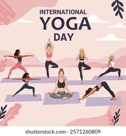 A vibrant International Yoga Day design featuring people practicing yoga poses in a serene outdoor setting with pastel colors, promoting health, mindfulness, and well-being