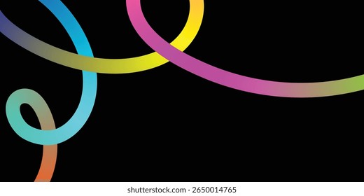 Linhas de arco-íris vibrantes e entrelaçadas criam um design abstrato dinâmico. Um design abstrato dinâmico apresentando redemoinho, linhas multicoloridas contra um fundo preto sólido.