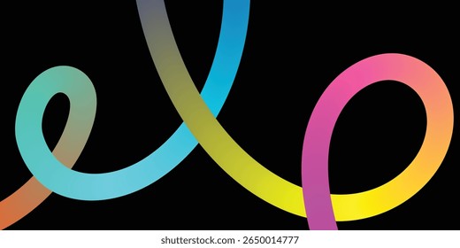 Las vibrantes y entrelazadas líneas de arco iris Create son un diseño Abstractas dinámico. Un diseño abstracto dinámico con arremolinadas líneas multicolores sobre un fondo negro sólido.