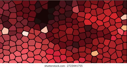 Ein lebendiger und komplizierter abstrakter Hintergrund mit einem Mosaikmuster, das an Buntglas erinnert, mit verschiedenen Rottönen und Anklängen von helleren Tönen, die ein dynamisches und strukturiertes Bild schaffen.
