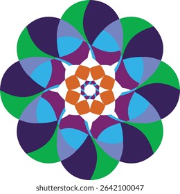 A vibrant and intricate abstract circular mandala design featuring multiple layers of overlapping, colorful shapes in green, purple, blue, and orange,