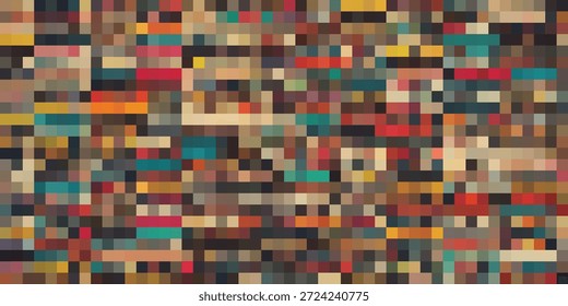 Ein lebendiges und kompliziertes abstraktes Muster, das aus zahlreichen kleinen, bunten Rechtecken und Quadraten besteht, die in einer dichten, mosaikartigen Komposition angeordnet sind.