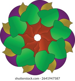 A vibrant and intricate abstract symmetrical circular design featuring layered green, purple, and gold organic shapes with gradients, forming a captivating floral mandala pattern, 