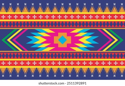 Patrón geométrico vibrante e intrincado de inspiración azteca, con colores llamativos y Formas simétricas. Perfecto para el diseño textil, la impresión de la tela, el Fondo de pantalla, y la decoración del fondo.